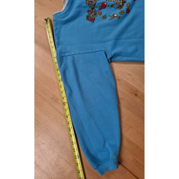 Vintage Basic Editions Sweatshirt Cats Birds Graphic Teal Blue Women's Large L - Picture 5 of 7